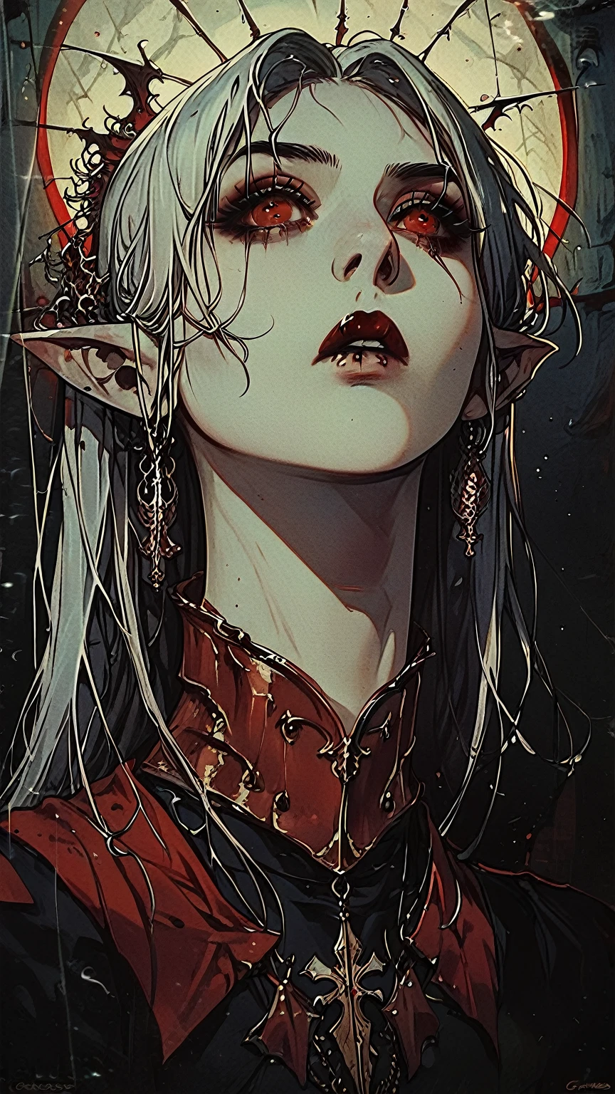 vampire woman, long white hair, black and red armor, pointy ears, red eyes and pale skin, holding a chalice , gloomy catacombs of an ancient time