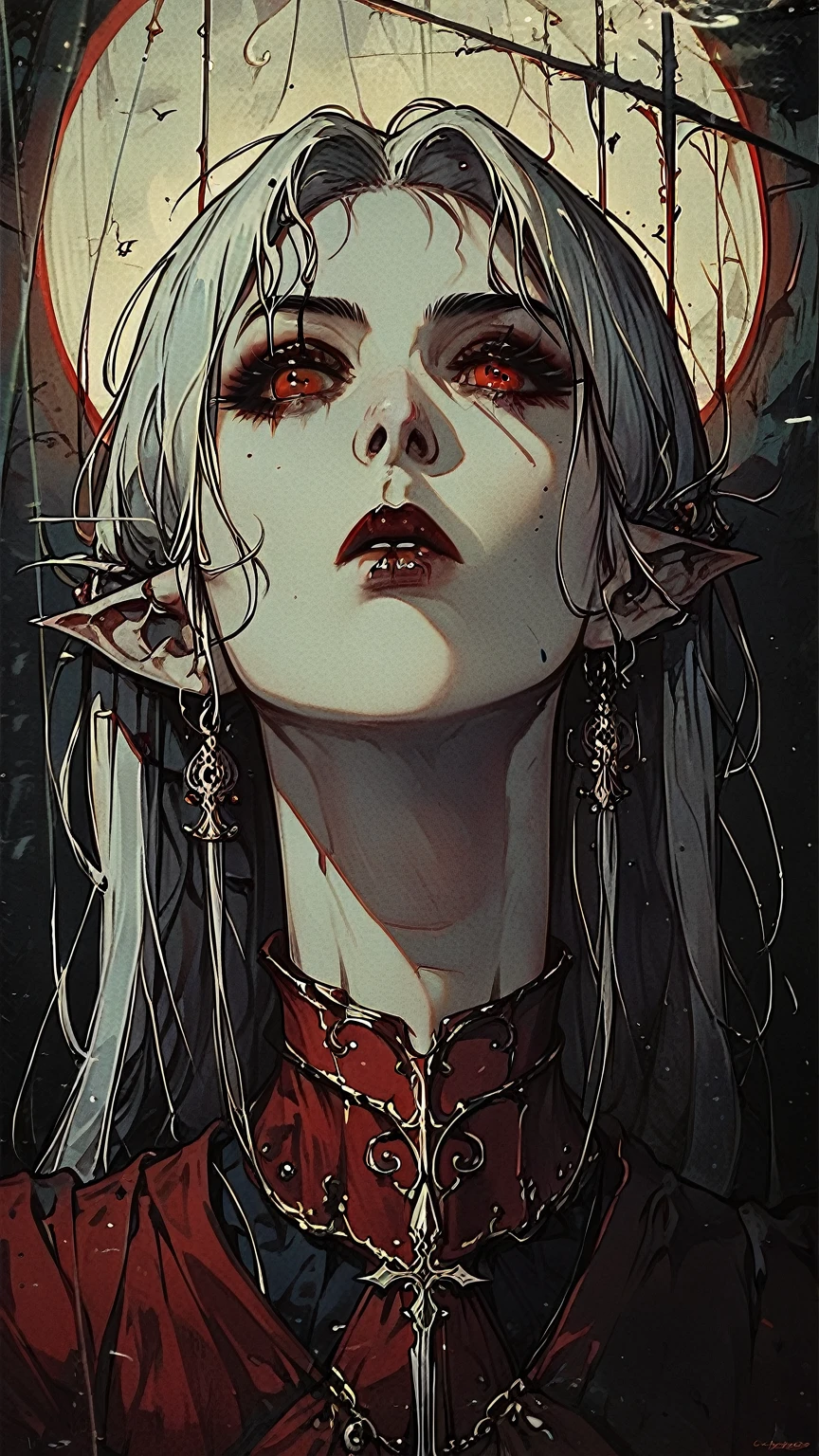 vampire woman, long white hair, black and red armor, pointy ears, red eyes and pale skin, holding a chalice , gloomy catacombs of an ancient time