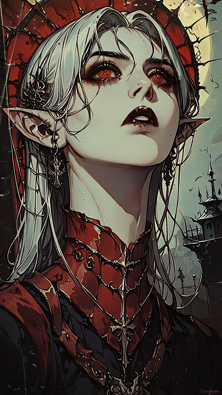 vampire woman, long white hair, black and red armor, pointy ears, red eyes and pale skin, holding a chalice , gloomy catacombs of an ancient time