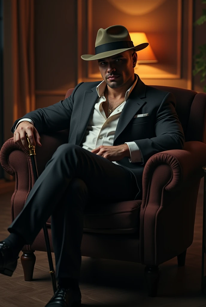 mobster(naughty man) With a hat on his head, he is blind and uses a cane. is 25 to 30 years old, beautiful face. is sitting in an armchair. He is handsome and has broad shoulders and an elegant athletic body.. PICTURE REALISTIC.