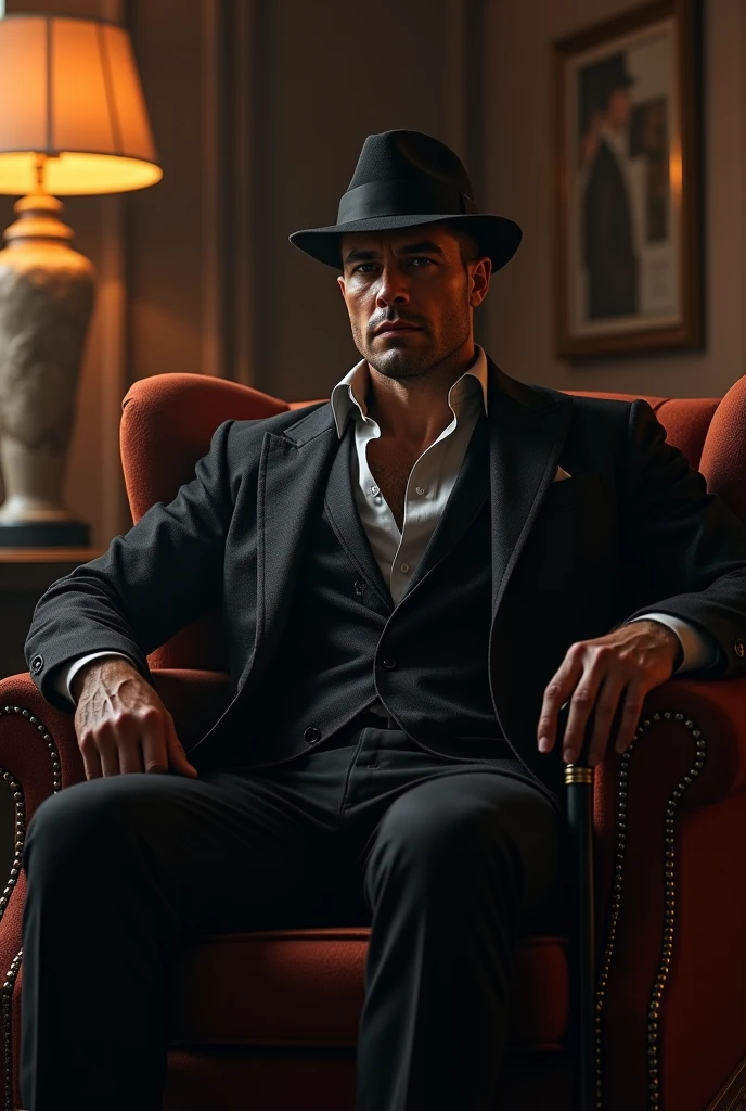 mobster(naughty man) With a hat on his head, he is blind and uses a cane. is 25 to 30 years old, beautiful  face. is sitting in an armchair. He is handsome and has broad shoulders and an elegant athletic body.. PICTURE REALISTIC.