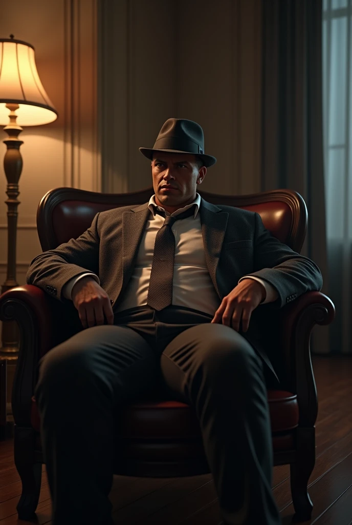 mobster(naughty man) With a hat on his head, he is blind and uses a cane. is 25 to 30 years old, beautiful  face. is sitting in an armchair. He is handsome and has broad shoulders and an elegant athletic body.. PICTURE REALISTIC.