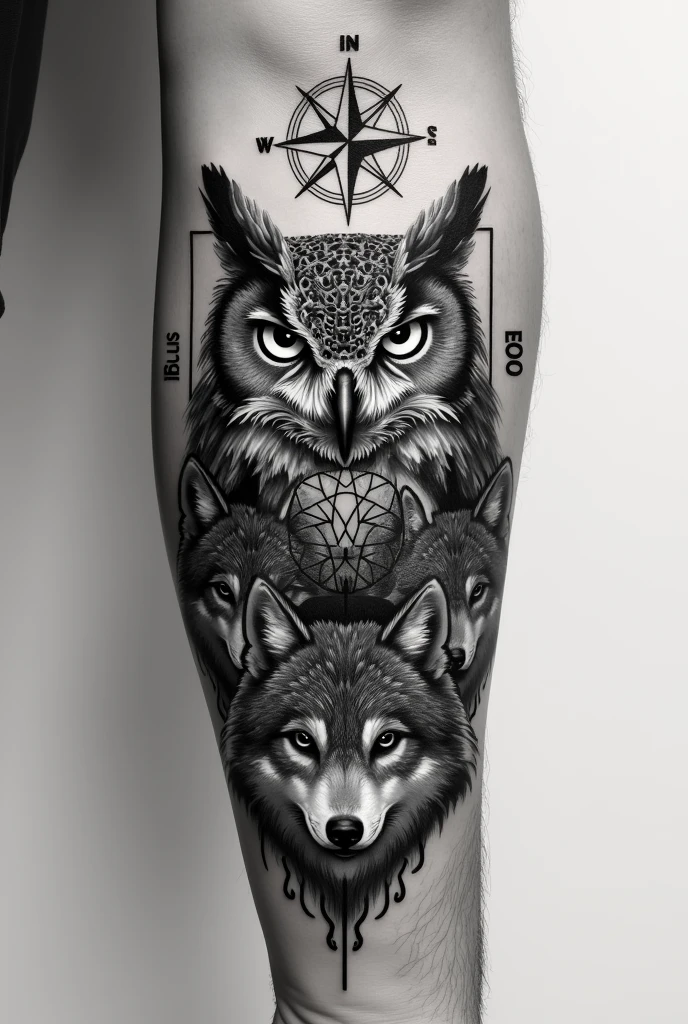 Realistic black and white forearm tattoo with owl image, compass, wolves, is Deus Éolo