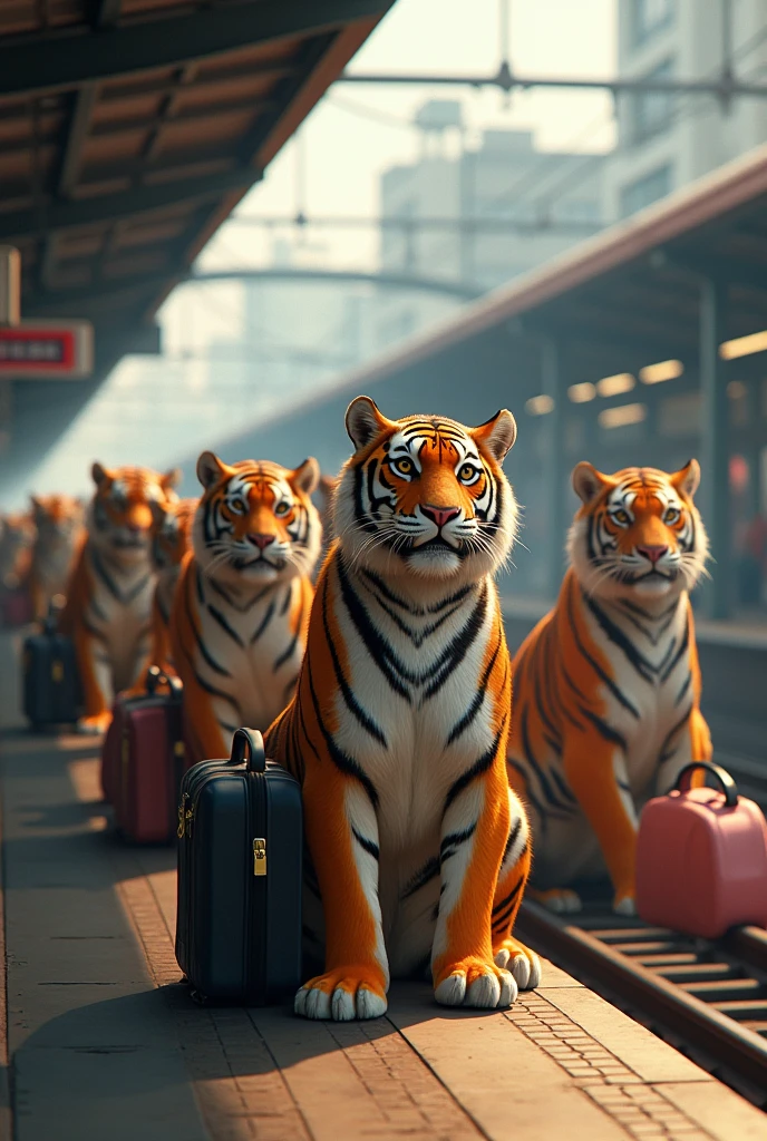 10 tigers waiting of train on station platform with put on bag