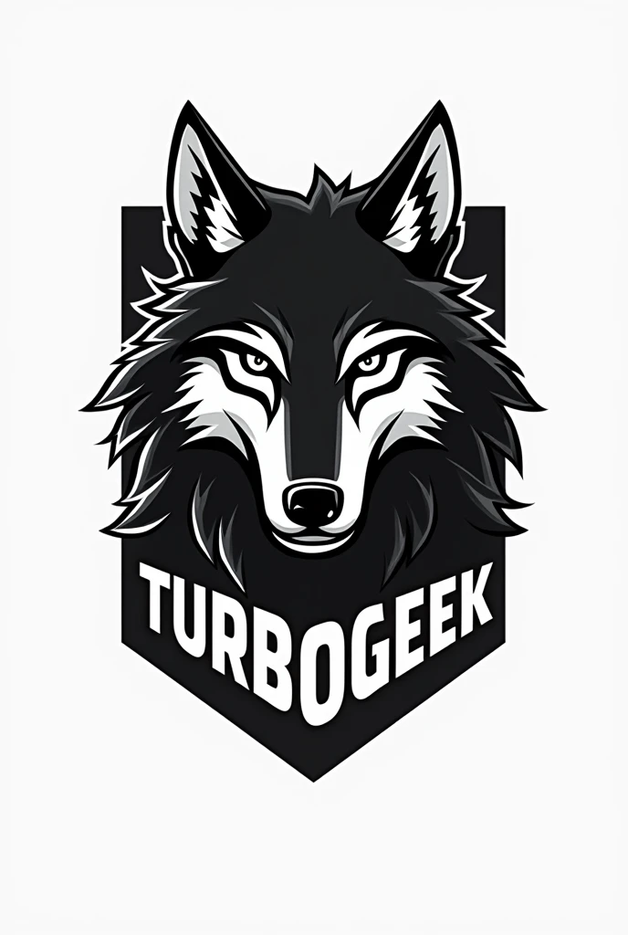 create a logo for a store whose main market is selling pins, scale cars, geek stickers and elements, The name of the store is TurboGeek, the image must be inspired by wolf, that black and white colors predominate