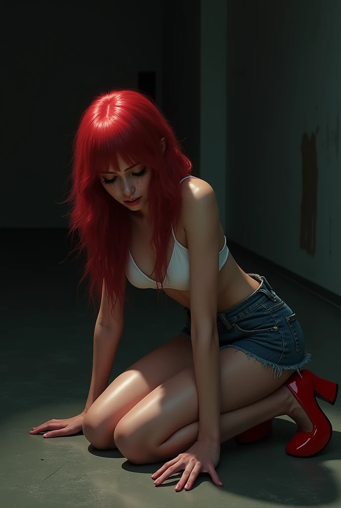 ((best quality)), ((masterpiece)), (detailed), A red-haired woman, in white bikini, denim skirt, red platform heel, crying kneeling with her hands on the floor, in a dark room.