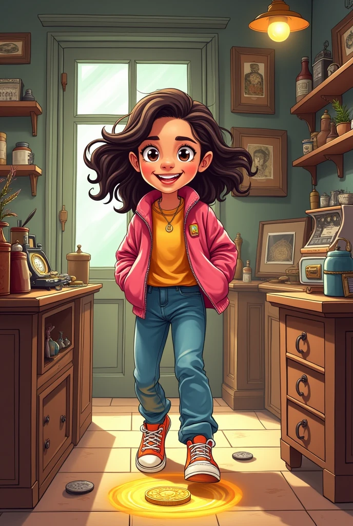 in cartoon drawing, has a young college girl picking up a gold coin in an antique shop wearing a pink-red jacket, free hair