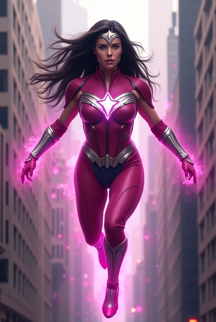 (((Mask soldiers Wonder Woman))),(((Midjourney A beautiful American woman with light eyes and long black hair))),(((Flying between the skyscrapers Screaming))),(((Wearing a fuchsia leather swimsuit))),(((with long sleeves))),(((With tiny scales on his suit))),(((Fuchsia sleeves falling from her shoulders))),((((Long boots above her knees))),(((Long fuchsia leather gloves))),(((Long silver-colored metal bracelets fitted to your wrists))),(((Fuchsia corset with white ten-pointed star))),(((In his abdomen))),(((Mask soldiers Wonder Woman in fuchsia metal with a white star on her forehead))),(((Mask soldiers in fuchsia metal with a white star on their forehead))),(((Woman of thick build with muscles in her arms and legs))),((((((,This costume does not have any kind of cape or wings.)))))),(((fuchsia magic around her whole body)))