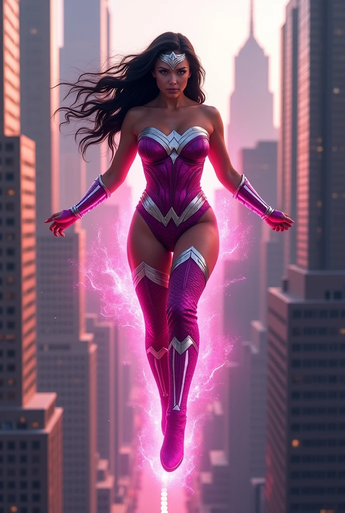 (((Mask soldiers Wonder Woman))),(((Midjourney A beautiful American woman with light eyes and long black hair))),(((Flying between the skyscrapers Screaming))),(((Wearing a swimsuit with fuchsia leather sleeves))),(((With tiny scales))),(((Fuchsia sleeves falling from her shoulders))),((((Long fuchsia boots and gloves))),(((Long silver-colored metal bracelets fitted to your wrists))),(((Fuchsia corset with white ten-pointed star))),(((In his abdomen))),(((Mask soldiers in fuchsia metal Wonder Woman style with a white star on her forehead))),(((Mask soldiers in fuchsia metal Wonder Woman style with a white star on her forehead))),(((Woman of thick build with muscles in her arms and legs))),((((((,This costume does not have any kind of cape or wings.)))))),(((