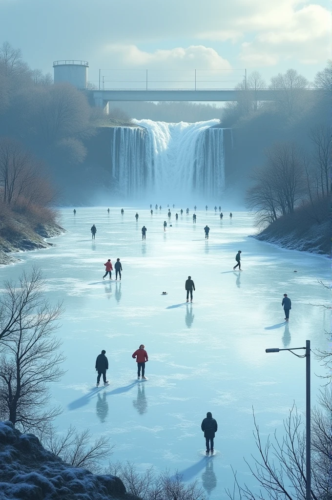 Create a drawing of a flooded sports field with people, who are skating on it and in the background an overflowing reservoir