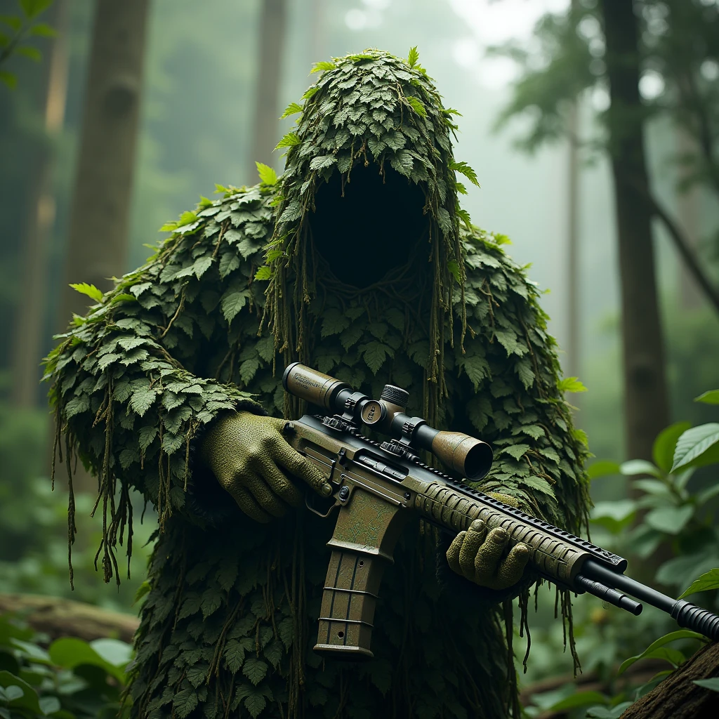 create a character from Maranhão folklore called Bicho Terra. imagine a being with a wild and imposing appearance, with no face. He wears a green camouflage that covers his entire body., blending perfectly with the vegetation around it. Camouflage is made of leaves, branches and vines, providing an almost supernatural appearance. In the hands, he holds a camouflaged AWM sniper, that integrates with your look, with details reminiscent of the dense forest of Maranhão. The backdrop should be a lush tropical forest., with tall trees and dense vegetation, highlighting the stealthy and mysterious character of the Bicho Terra..