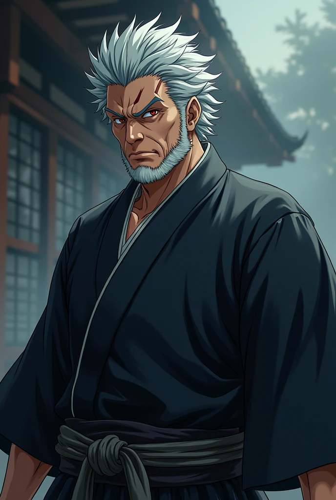 Black Clover Style Middle-Aged Man, Gray hair with a beard and red eyes and a scar that runs from his cheek to his right eyebrow that is in good shape. His clothing would be traditional Japanese and that strangely gives off a terrifying aura.