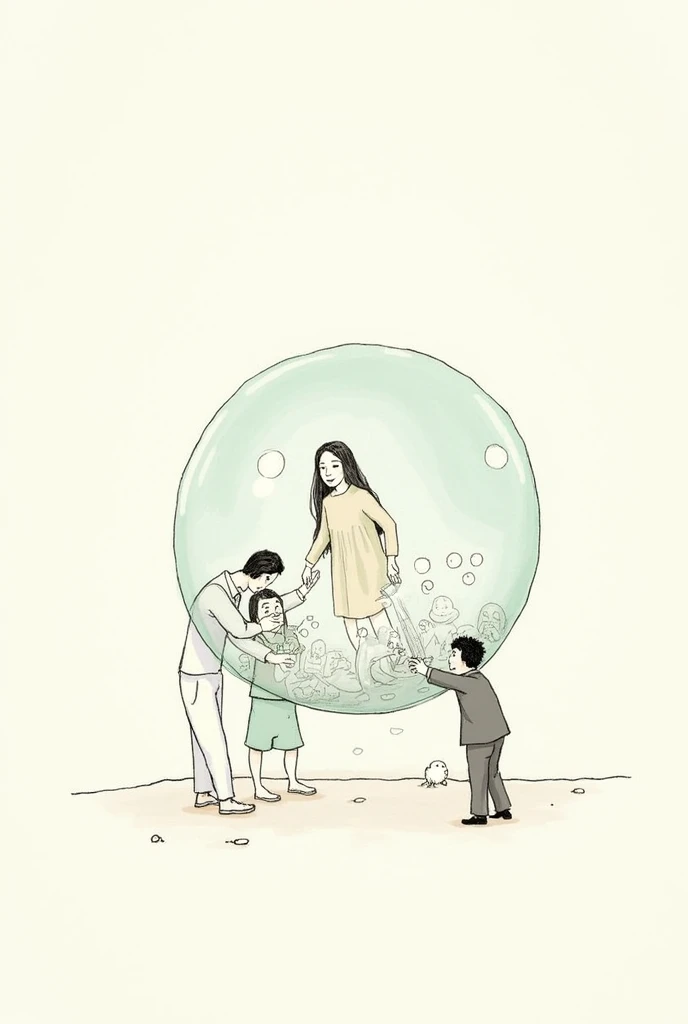 Simple drawing of a person in a bubble with people around trying to touch it but failing. 
