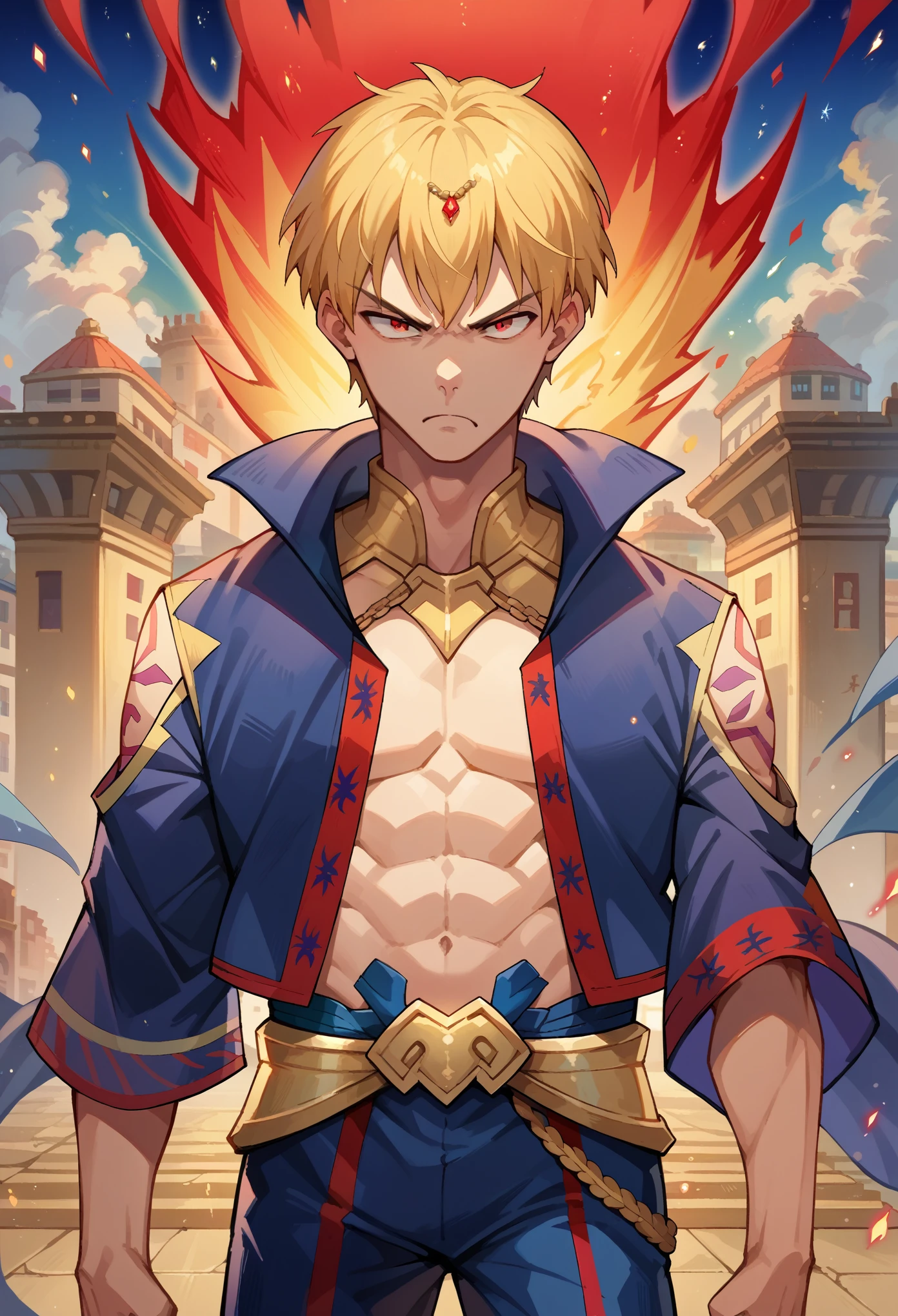 score_9, score_8_up, score_7_up, 1boy, solo, gilgamesh,blonde hair,short hair,red eyes,tattoo, blue jacket, standing, cowboy shot, upset face, red aura, aura around body, red particles, looking at you, ancient city, mesopotamic city