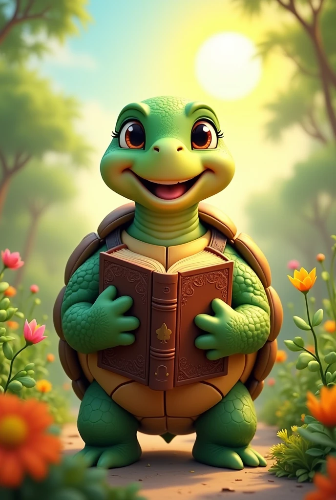 A female turtle holding a bible, joviality, animation style