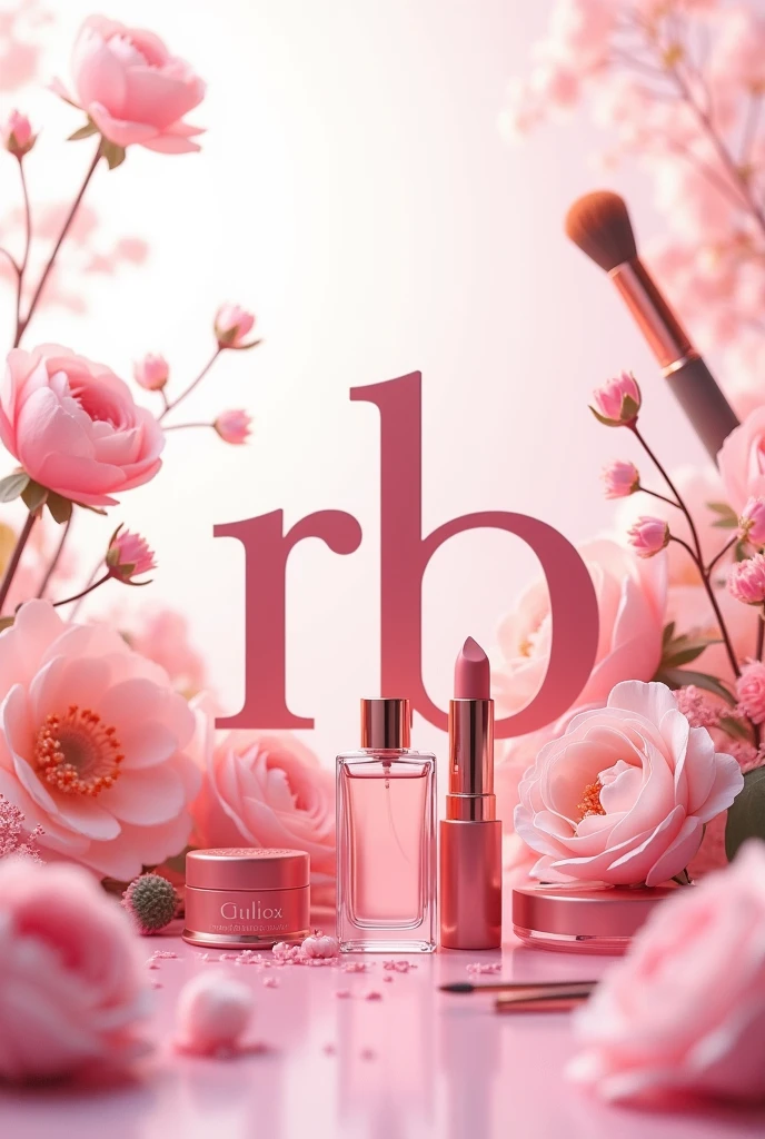 Create an image that has the letters "RB" stylized in the center, in a stylish, modern font, with a soft pink tone. In front of the letters, put beauty products, like perfume bottles, lipsticks and makeup brushes, all in shades of pink. The background must be floral, with delicate flowers, like roses and peonies, in pastel tones that complement the products. The image must have a sophisticated and harmonious style, conveying a sense of beauty and elegance.