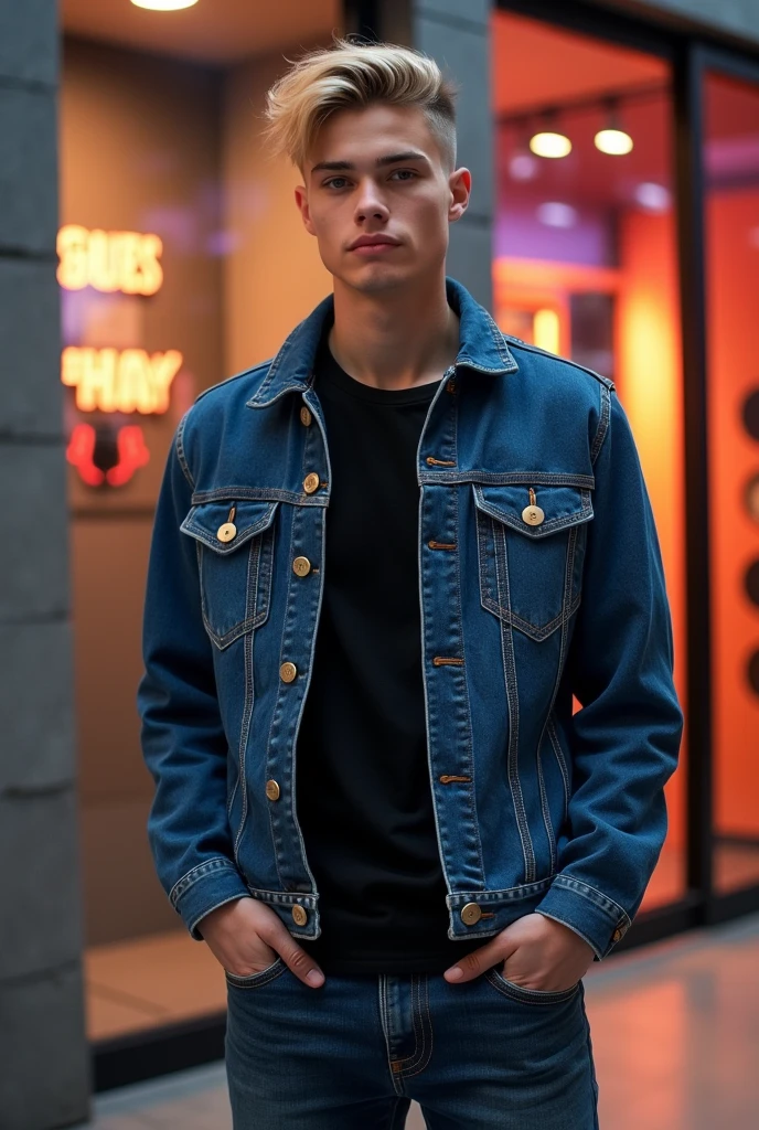 Young boy , 21 years. Caucasiano, short blonde hair ,stylish. , he is transgender, bonitas, magro stylish. Wearing a jean jacket and a black t-shirt underneath. Bermuda jeans matching the jacket. He is in a “Big Brother” style house 