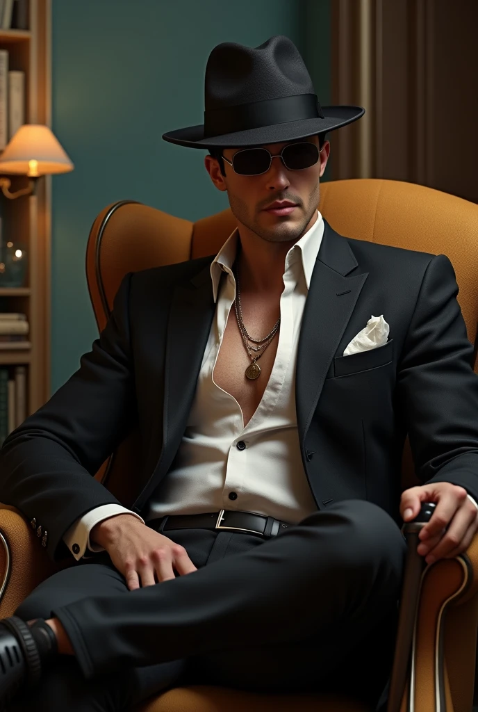 mobster(naughty man) With a hat on his head, he is blind and uses a cane. is 25 to 30 years old, beautiful  face. is sitting in an armchair. He is handsome and has broad shoulders and an elegant and sensual athletic body.. PICTURE REALISTIC.