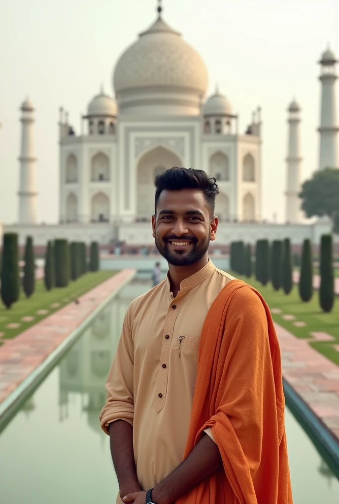 photography realistic, indian a young man. traditional wear, smile, taj mahal, ultra hd