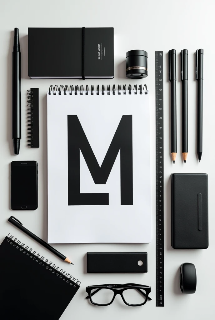 An image of school supplies with the initials "LM" And black in color