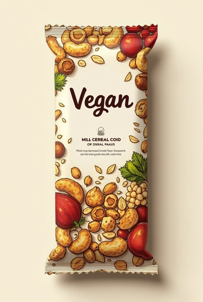 A label for a banana cereal bar, aveia, molasses, cashew nut, Brazil nut, peanut, chia and nuts. I need you to package this product. You don't need to put anything written on the packaging. Only the drawing of the ingredients and the information that the product is vegan.