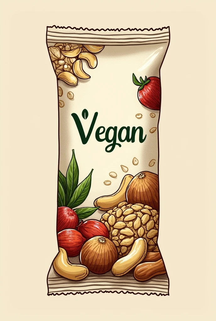 A label for a banana cereal bar, aveia, molasses, cashew nut, Brazil nut, peanut, chia and nuts. I need you to package this product. You don't need to put anything written on the packaging. Only the drawing of the ingredients and the information that the product is vegan.
