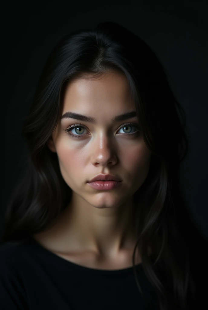 belle fille de 22 ans aux cheveux noirs dans un studio avec un fond sombre, vêtue d'un haut noir. Pose frontale, Expression sérieuse, yeux gris clairs détaillés. Éclairage avant, mettant en évidence les ombres et les textures du visage. Appareil photo moyen format avec 100 mm f/2.8 lentilles/2.8, Résolution UHD 16K, style de portrait émotionnel, avec un accent sur les détails du visage
