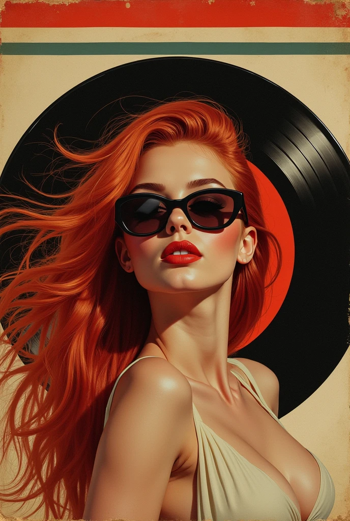 Femme rousse sexy long cheveux dans le  vent et lunettes noires sur une vieille pochette de 45 tours records avec une bande horizontal en haut de la pochette 