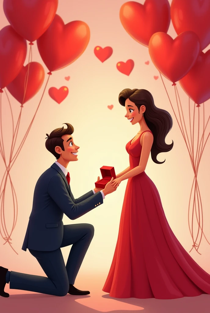 A man proposes to a beautiful woman wearing a beautiful dress. The man kneels down and offers her a large wedding ring in a red box. Behind them are many red heart-shaped balloons. Simple cartoon drawing with high details. Cartoon drawing. 2D drawing.