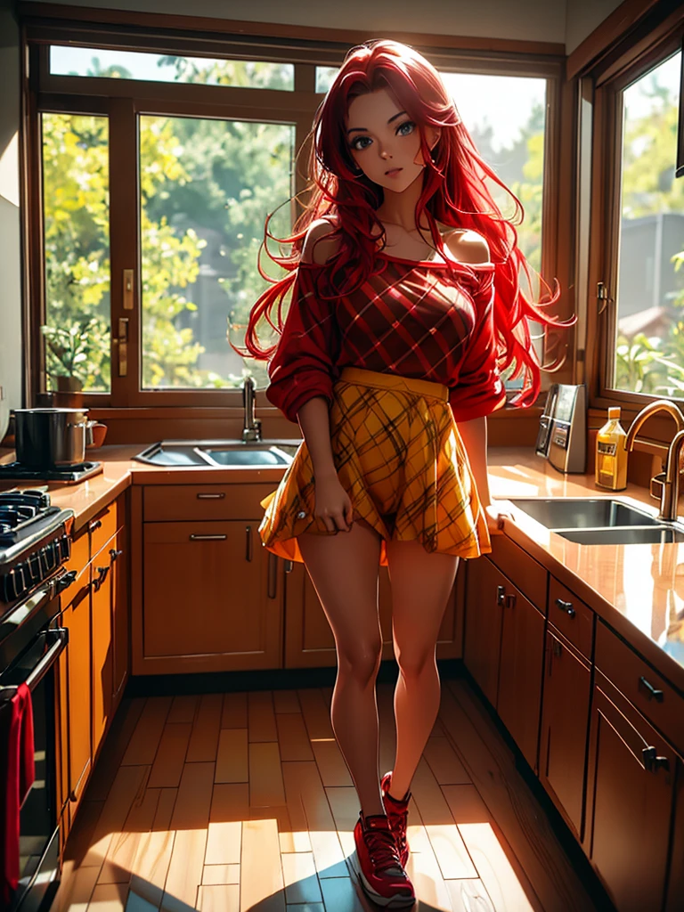 A red-haired woman in a yellow shirt and plaid shorts standing in the kitchen, hot   girl, sexy girl with shorts, full body length shot, hot , Adriana Chechik, close full body shot, in shorts, dressed in a top and shorts, full-body shot, full - body shot, wearing honey - themed mini skirt, full body wide shot