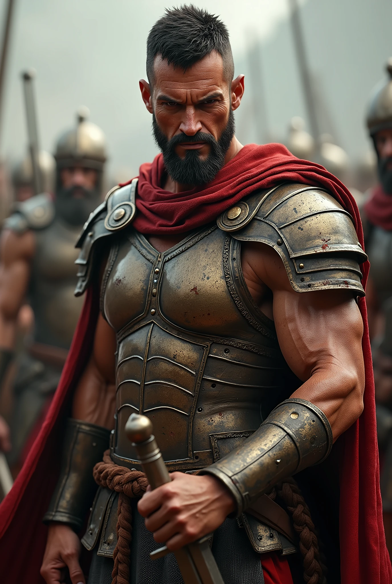 ((masterpiece, highest quality, Highest image quality, High resolution, Raw photo, 8K)), ((Extremely detailed CG unified 8k wallpaper)), (huge stunning warrior shot, full body, musclural body beauty:1.4), Posing for the camera, In a warrior fighting stance, a stern look, in a ready stance, Build: Tall and muscular, showing signs of fatigue but still exuding strength and determination.
Facial Features: Sharp, aquiline nose with a few fresh cuts and bruises. His piercing brown eyes are intense, reflecting both exhaustion and unwavering resolve.
Hair: Short and dark, now slightly disheveled from the chaos of battle.
Scars and Mud: His face and exposed arms are smeared with mud and blood, with visible scars from recent and past battles, highlighting his experience and resilience.
Clothing: His bronze cuirass is dented and scratched, bearing the marks of combat. His red military cloak is torn and stained with dirt and blood, hanging loosely off his shoulder.
Signature Pose:
Stance: Standing firmly, slightly hunched from the weight of the battle, but still strong and unyielding.
Right Hand: Gripping the hilt of his sword, which is sheathed but still bloodied from the fight, symbolizing readiness and survival.
Left Hand: Raised slightly as if signaling to his troops to regroup, with a steady and determined gesture.
Expression: A grim, focused look, with his mouth set in a hard line. His eyes convey both the toll of battle and the unbreakable spirit of a seasoned warrior., photorealistic, 16k, 8k, 4K, award winning