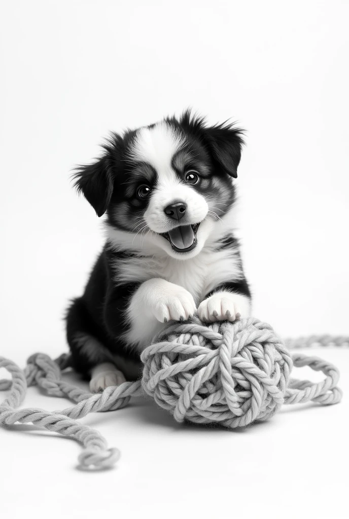 Happy black and white puppy playing with knitting wool on white background 

