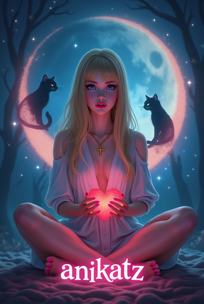 A mystical dark glowing environment. In the middle sits a woman with blue eyes, blonde, straight hair, pinken Lips, golden necklace with cross pendant, pink fingernails in cross-legged position. She holds a bright red heart in her hands. In the background the crescent moon shines on which the silhouette of two cats sit. Below her is the word Anikatz in pink. Disney Stil 