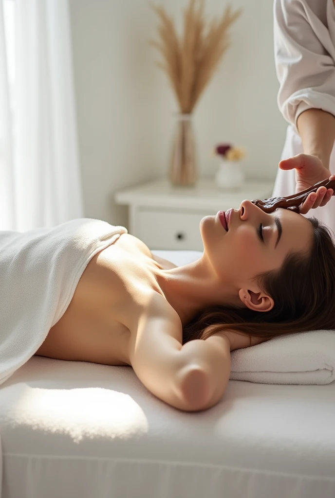 woman during chocolate massage where white color predominates