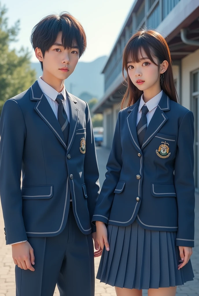 Korean school uniform blue, female and male, photo realist