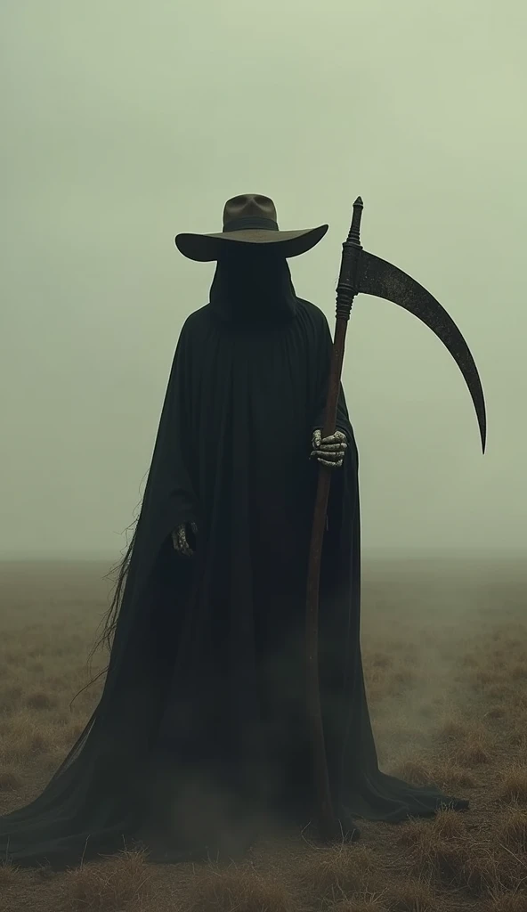 A shadowy figure wearing a wide-brimmed hat, standing in the middle of an empty field, holding a scythe