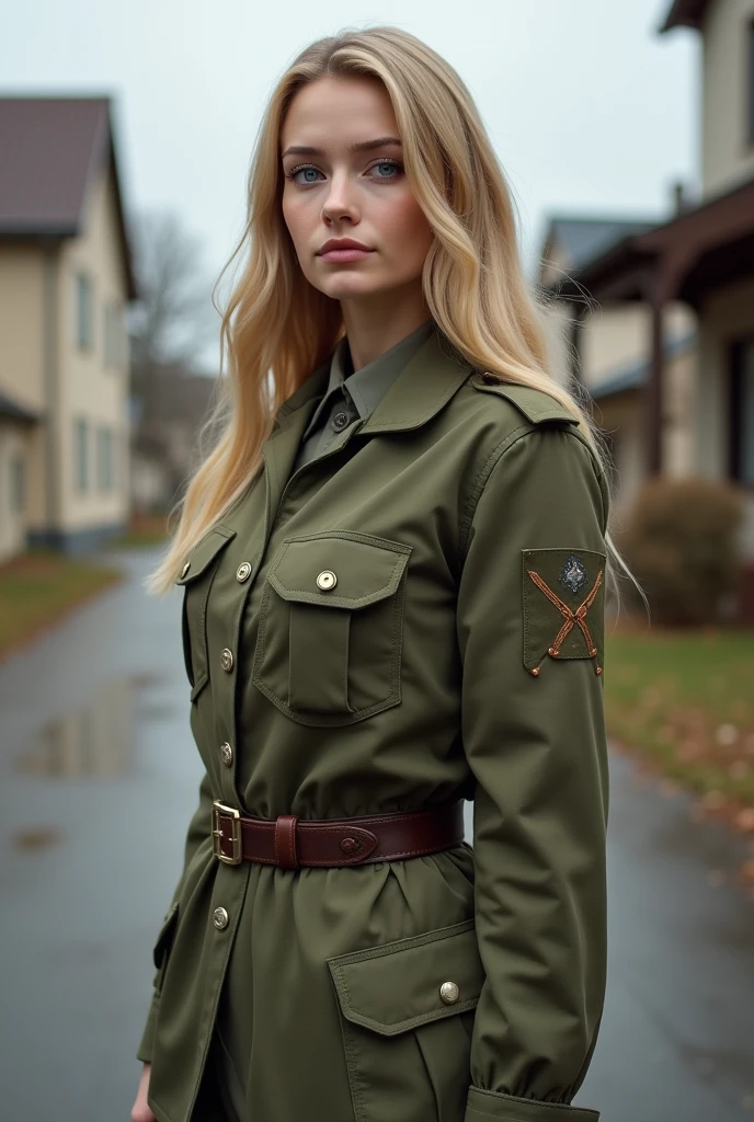 Create a realistic image of a 20 year old woman,
long blond hair, blue eyes, cheekbones, ((full body)),
Dressed in military uniform,
background image: a street with houses.
head to toe, full body, hyper realistic photo