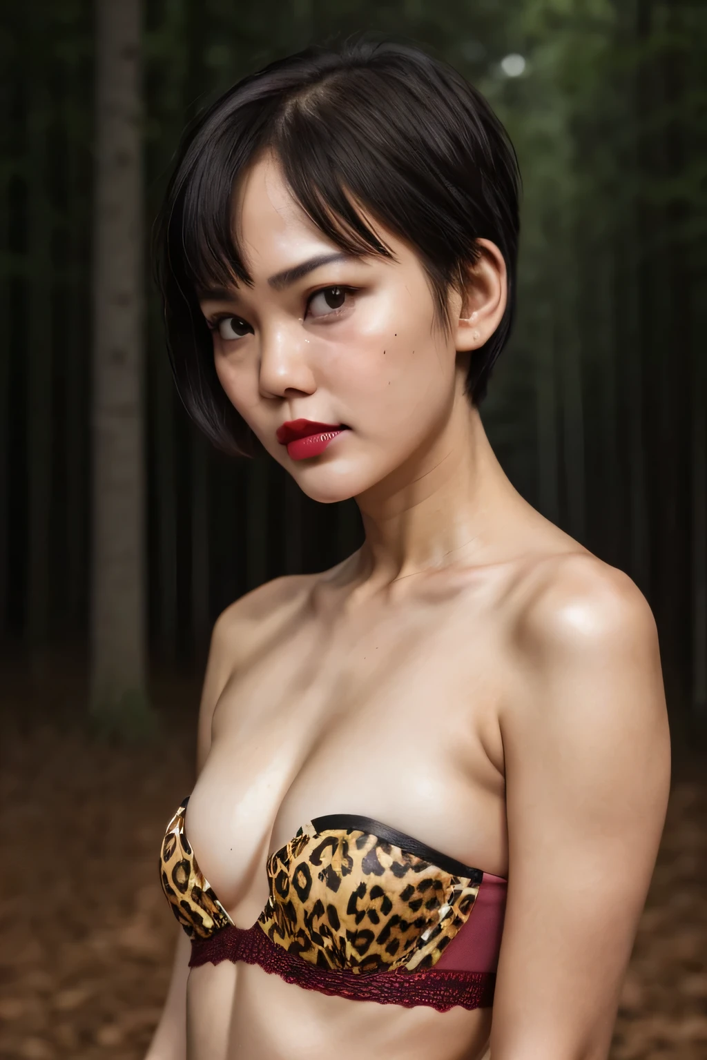 ((Leopard Pattern)), (((((HALF BODY PORTRAIT))))), ((FLAT CHEST:1.8)), ((Lace)), ((SAD FACE EXPRESSION:1.44)), masutepiece, High quality, UHD 32K, Realistic face, Realistic skin feeling , A INDONESIAN Lady, 5 matured lady, , Very cute and baby-like face, (((FLAT CHEST))), (Night time at forest), ((look In front  at the camera and SADNESS)), (((CUTE GIRL))), ((DARK RED FLUORESCENT LIPS)), ((Leopard Pattern)) little wearing strapless bra, strapless colorful bra, dark night background , black forest night, horror scary place, (from behind up) seductive pose. ((((VERY SHORT HAIRCUT)))