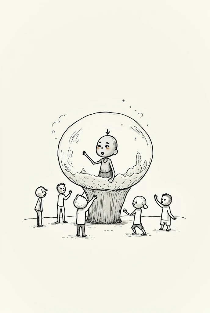 Simple drawing of a person in a bubble with people around trying to touch it but failing.