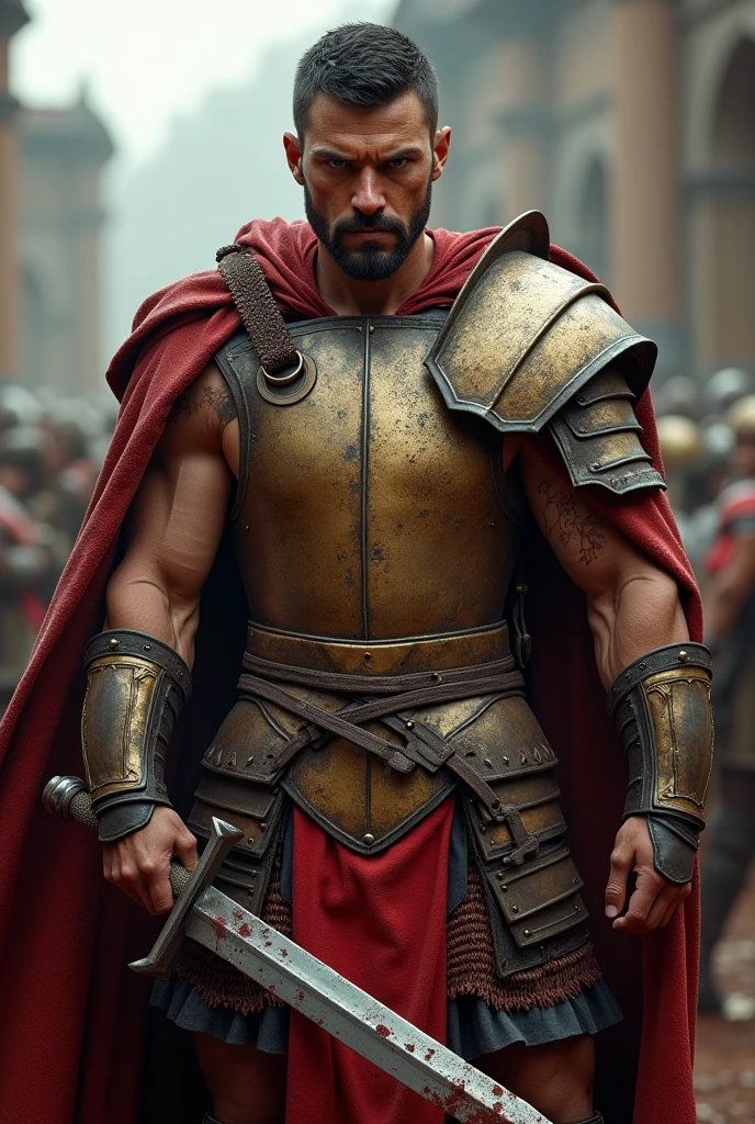 ((masterpiece, highest quality, Highest image quality, High resolution, Raw photo, 8K)), ((Extremely detailed CG unified 8k wallpaper)), (huge stunning warrior shot, full body, musclural body beauty:1.4), Posing for the camera, In a warrior fighting stance, a stern look, in a ready stance, Build: Tall and muscular, showing signs of fatigue but still exuding strength and determination.
Facial Features: Sharp, aquiline nose with a few fresh cuts and bruises. His piercing brown eyes are intense, reflecting both exhaustion and unwavering resolve.
Hair: Short and dark, now slightly disheveled from the chaos of battle.
Scars and Mud: His face and exposed arms are smeared with mud and blood, with visible scars from recent and past battles, highlighting his experience and resilience.
Clothing: His bronze cuirass is dented and scratched, bearing the marks of combat. His red military cloak is torn and stained with dirt and blood, hanging loosely off his shoulder.
Signature Pose:
Stance: Standing firmly, slightly hunched from the weight of the battle, but still strong and unyielding.
Right Hand: Gripping the hilt of his sword, which is sheathed but still bloodied from the fight, symbolizing readiness and survival.
Left Hand: Raised slightly as if signaling to his troops to regroup, with a steady and determined gesture.
Expression: A grim, focused look, with his mouth set in a hard line. His eyes convey both the toll of battle and the unbreakable spirit of a seasoned warrior., photorealistic, 16k, 8k, 4K, award winning