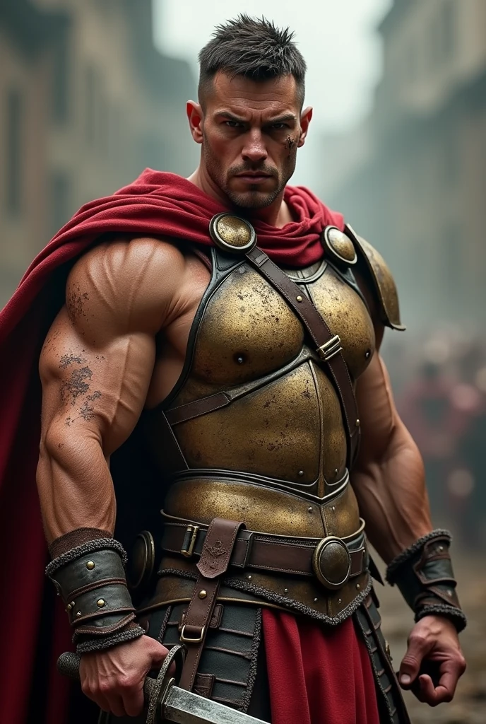 ((masterpiece, highest quality, Highest image quality, High resolution, Raw photo, 8K)), ((Extremely detailed CG unified 8k wallpaper)), (huge stunning warrior shot, full body, musclural body beauty:1.4), Posing for the camera, In a warrior fighting stance, a stern look, in a ready stance, Build: Tall and muscular, showing signs of fatigue but still exuding strength and determination.
Facial Features: Sharp, aquiline nose with a few fresh cuts and bruises. His piercing brown eyes are intense, reflecting both exhaustion and unwavering resolve.
Hair: Short and dark, now slightly disheveled from the chaos of battle.
Scars and Mud: His face and exposed arms are smeared with mud and blood, with visible scars from recent and past battles, highlighting his experience and resilience.
Clothing: His bronze cuirass is dented and scratched, bearing the marks of combat. His red military cloak is torn and stained with dirt and blood, hanging loosely off his shoulder.
Signature Pose:
Stance: Standing firmly, slightly hunched from the weight of the battle, but still strong and unyielding.
Right Hand: Gripping the hilt of his sword, which is sheathed but still bloodied from the fight, symbolizing readiness and survival.
Left Hand: Raised slightly as if signaling to his troops to regroup, with a steady and determined gesture.
Expression: A grim, focused look, with his mouth set in a hard line. His eyes convey both the toll of battle and the unbreakable spirit of a seasoned warrior., photorealistic, 16k, 8k, 4K, award winning