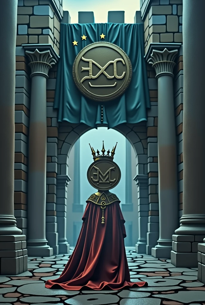 The king, whose head is very big and looks like a coin and has a crown, enters a big castle, the flag of which is written Mexc, and the color of the flag of that land is dark blue.