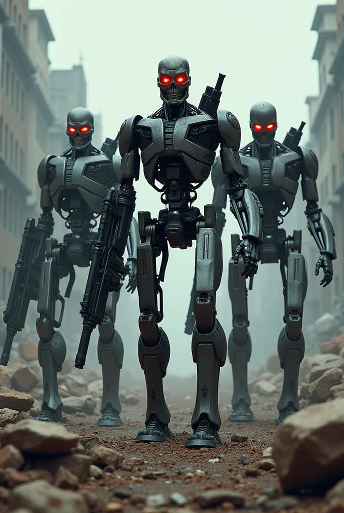 (4 Terminators) T 980 with red eyes, with weapons in their hands(Whole body)(on ruins)