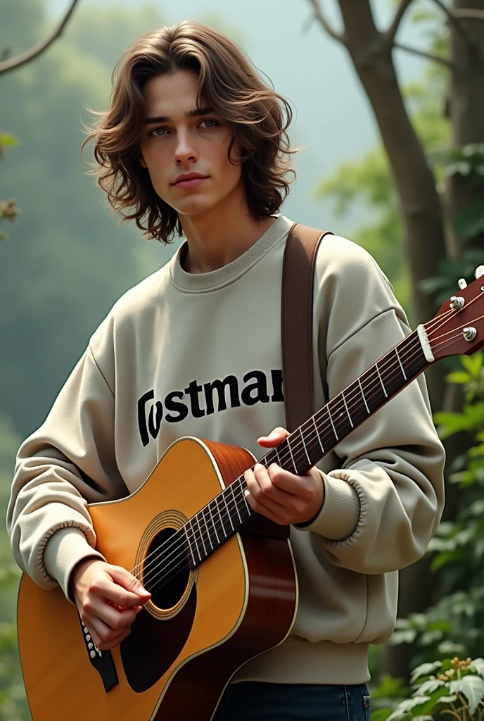 Young man with long hair, with a guitar and a sweatshirt with the word WestMar on it
