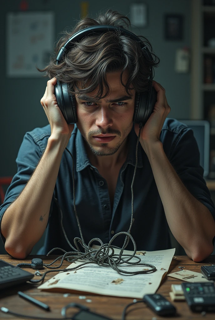 stressed young man with tangled corded headphones