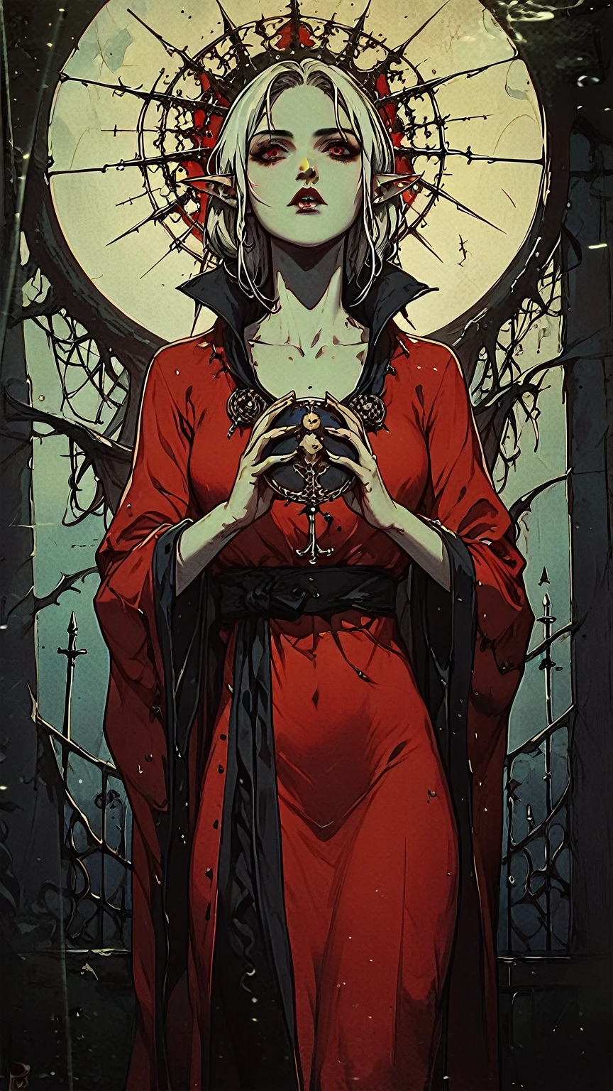 vampire woman, long white hair, black and red armor, long robe,pointy ears, red eyes and pale skin, holding a chalice , gloomy catacombs of an ancient time, fully body