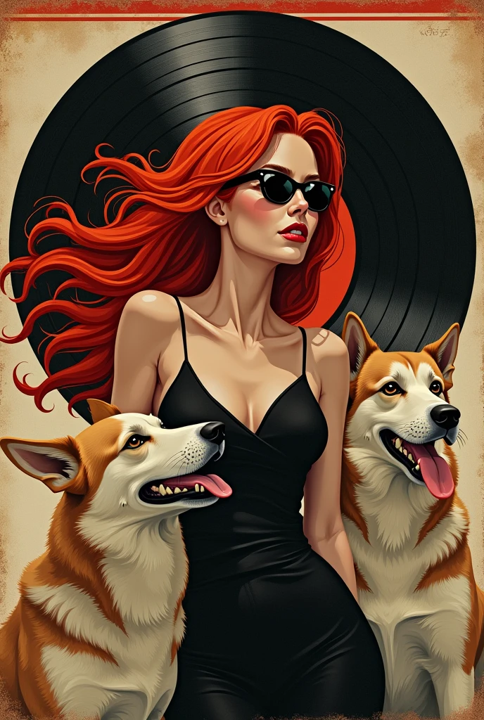 Femme rousse sexy long cheveux dans le  vent et lunettes noires avec 2 gros chiens sur une vieille pochette de 45 tours records avec une bande horizontal en haut de la pochette 