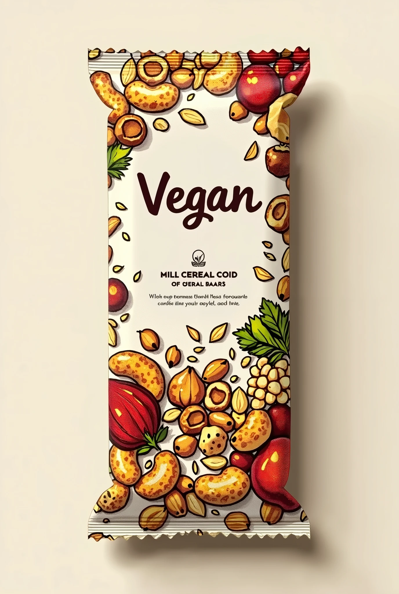 A label for a banana cereal bar, aveia, molasses, cashew nut, Brazil nut, peanut, chia and nuts. I need you to package this product. You don't need to put anything written on the packaging. Only the drawing of the ingredients and the information that the product is vegan.