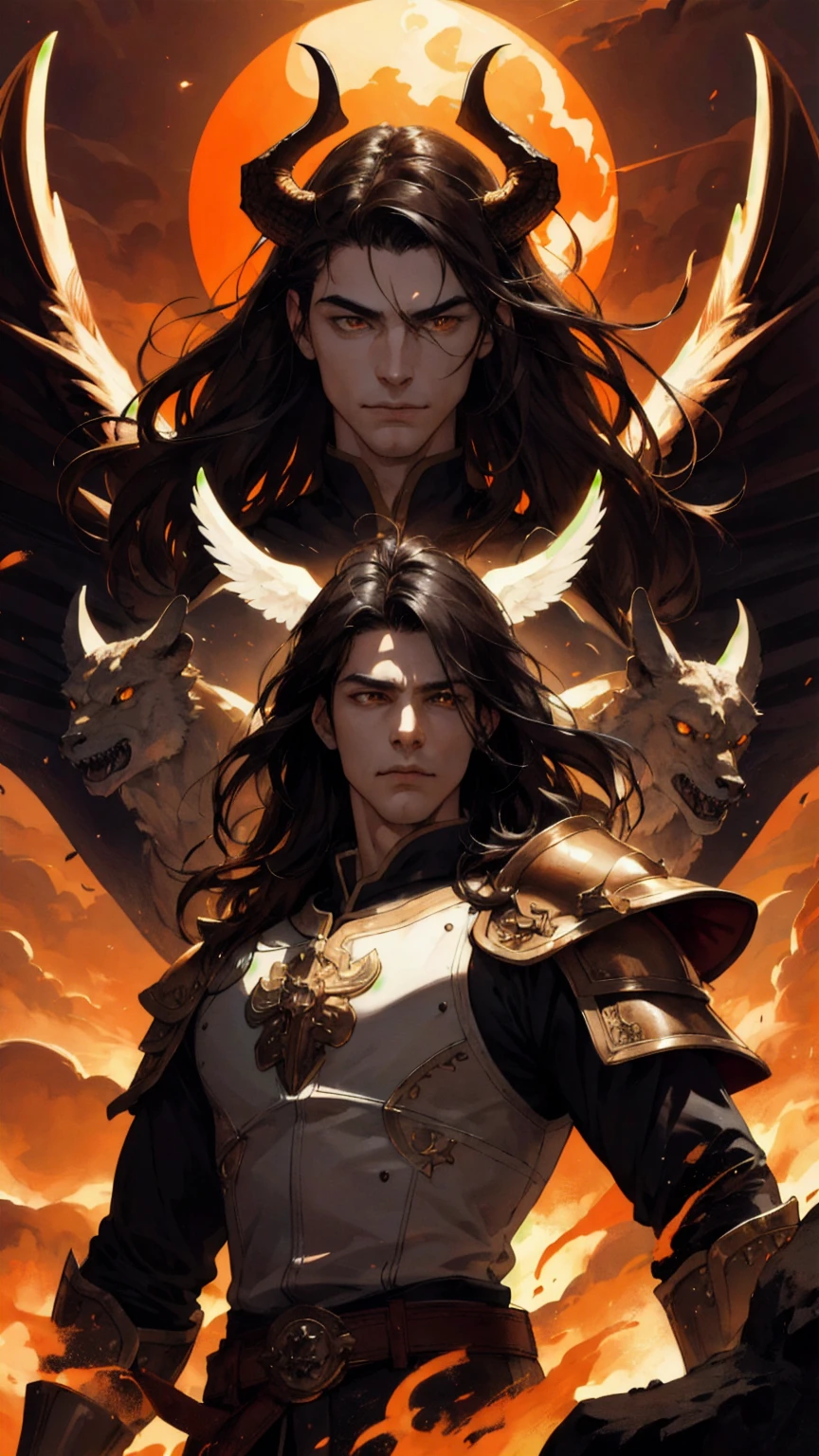 (absurdres, highres, ultra detailed), 1 male, mature, beautiful, handsome, tall muscular guy, broad shoulders, half-black half-white wavy hair, undercut, orange eyes, finely detailed eyes and detailed face, extremely detailed CG unity 8k wallpaper, intricate details, portrait, looking down, solo, upper body, detailed background, (dark fantasy theme:1.1), angelic smirking face, bloodthirsty expression, prince, hovering in air, sunset, floating scraps, fighting stance, black and brown colored leather armor, bright realistic lighting, heavenly cliff landscape, peaceful atmosphere, dragon horns on head, coat of arms, tabard, hair blowing in wind,, cowboy shot