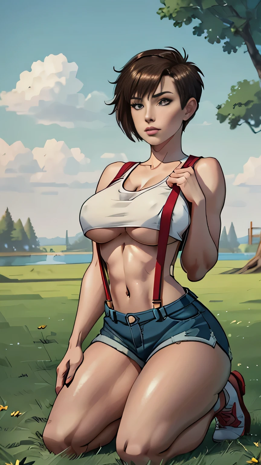 photo of mlp Meowko, RAW, beautiful woman, ((portrait)), ((detailed face:1.2)), ((anime face, anime facial feature, clear skin, glossy anime lips, clear skin), (short messy lesbian haircut, brunette: 1.55),  (under boob: 1.6), (perfect proportioned body, Strong, muscular, narrow waist, narrow hips, skinny, large breasts), (she is wearing a Pokemon Misty cosplay, yellow cropped tank top, red suspenders, Daisy Duke shorts), (kneeling on grass, splits kneeling, legs apart), wide open field, trees and lake in the distance, (realistic photo, best quality, detailed), (8k wallpaper), (cinematic lighting, beautiful light, (noon:1.3)) (sharp focus, intricate)